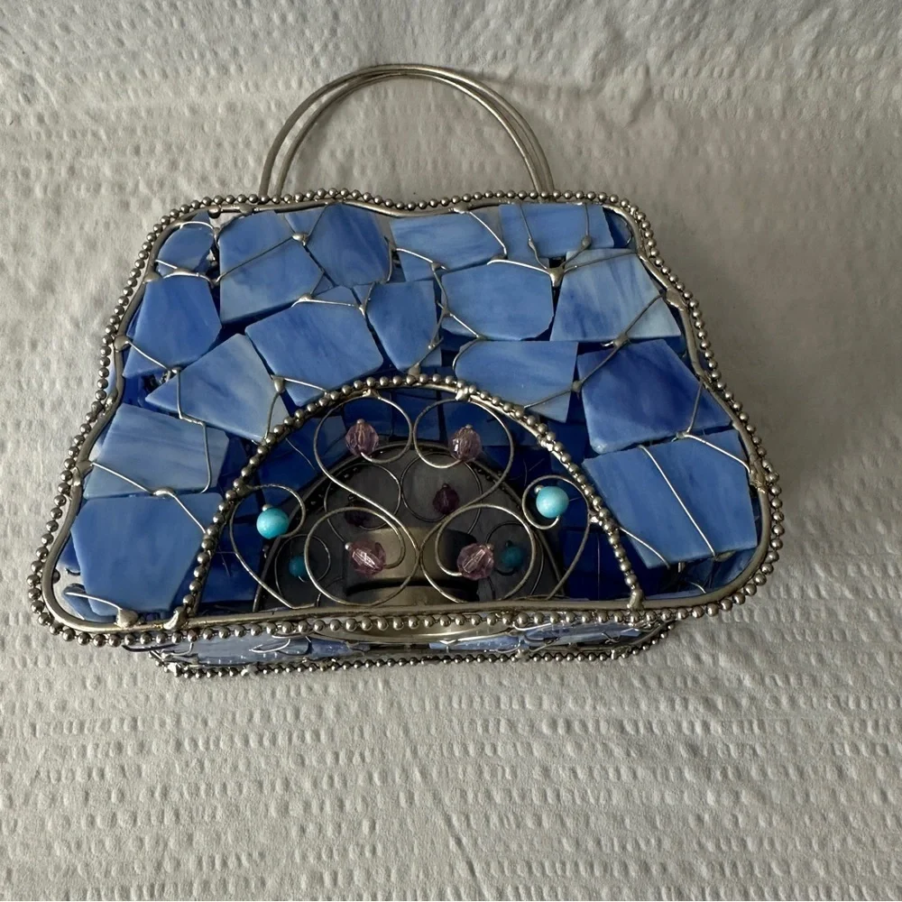 Vintage Blue Stained Glass Handbag Tea Light Holder Mosaic Purse Art Decor Boho